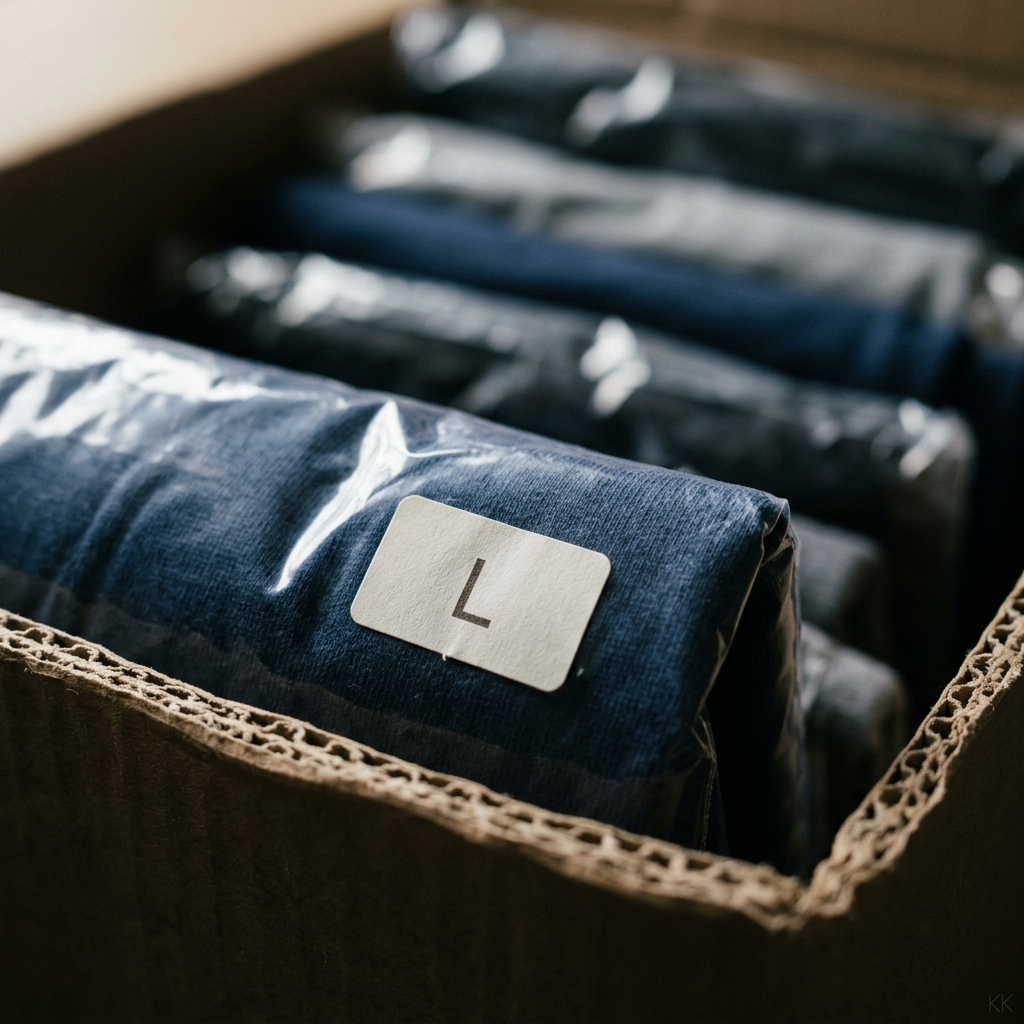 Close-up looking down into an open cardboard carton of finished stock. Folded navy garments sealed in clear polybags stand packed in rows; the nearest one carries a plain white size sticker printed with the letter L. The corrugated edge of the box is sharp across the foreground and the rest of the stack falls away into shallow focus.
