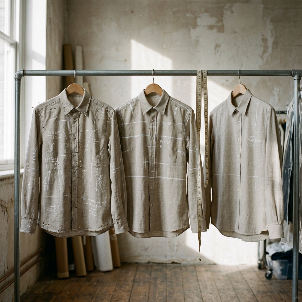 Three versions of the same linen shirt hanging in a row on a metal rail against a bare plaster wall. The left one is covered in chalked fit corrections and pinned along the sleeve and body; the middle one carries fewer marks, mostly balance lines across the chest; the right one is nearly clean with a single note about final placement. A cloth tape measure hangs over the rail between them and hard window light throws their shadows across the wall.
