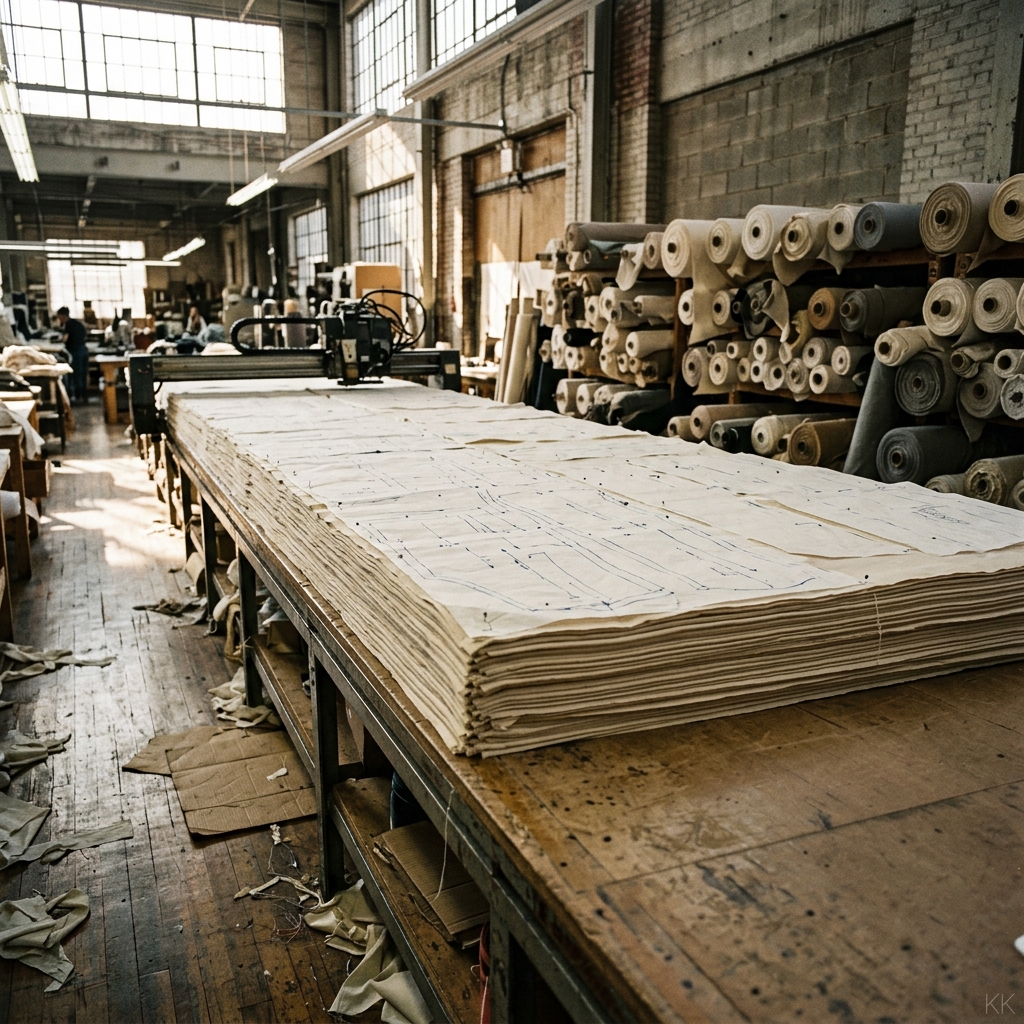 A large industrial cutting room with brick walls and high factory windows. Pale cloth is spread in dozens of flat layers down a long wooden table, with marker paper pinned over the top showing the pattern pieces drawn out in blue. A cutting head sits parked at the far end of the table, racks of fabric rolls are stacked floor to ceiling along the right-hand wall, and offcuts litter the worn wooden floor.