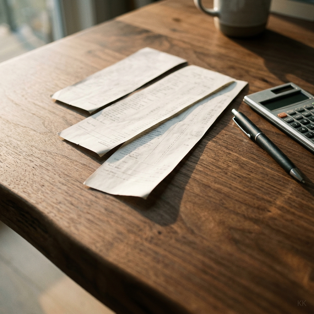 Three printed cost-sheet paper strips of different lengths fanned side by side from short to long, a slim calculator and a pen resting beside them on a warm walnut tabletop, warm low-angle side light casting three staggered soft shadows. No readable text or numbers, no logos, no faces.