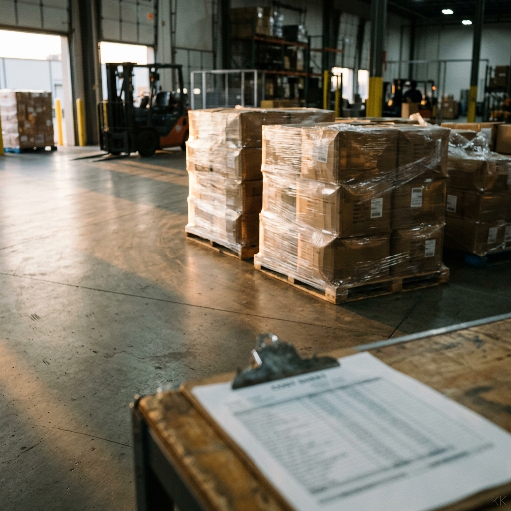 A US third-party-logistics receiving dock at dawn — poly-wrapped apparel cartons stacked on a wooden pallet, a printed cost sheet on a clipboard resting in the soft-focus foreground, long raking morning light across sealed concrete. No people, no readable logos or text.