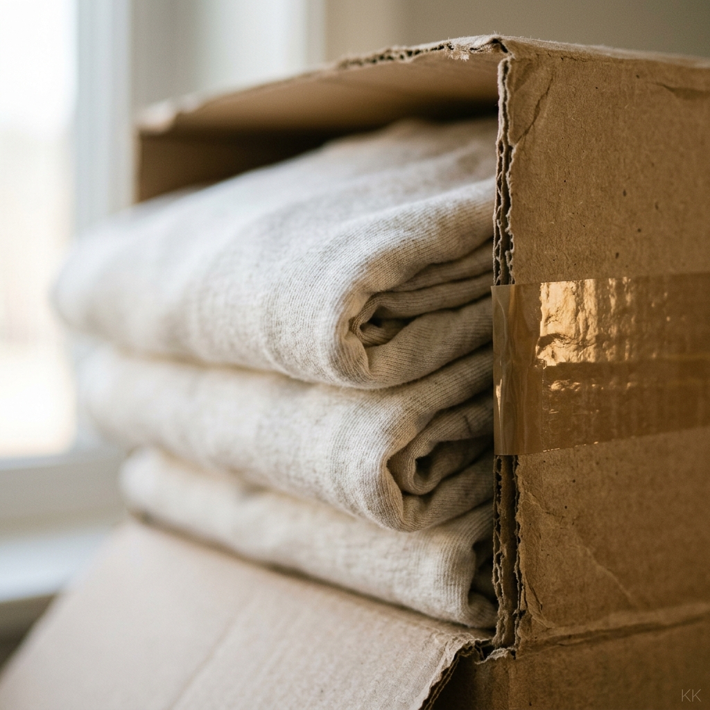 Extreme macro of neatly folded natural-cotton tees stacked inside an open corrugated shipping carton, the soft cotton weave meeting the rough kraft cardboard edge, a strip of packing tape catching one highlight, soft window light from the left, very shallow depth of field. No logos, no readable text.