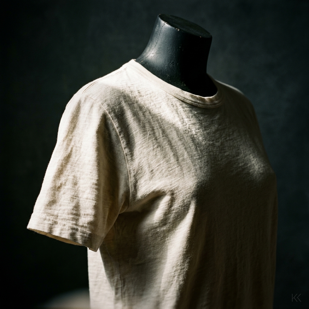 A single finished natural-cotton crew tee draped over a matte-black display form, one hard directional shaft of studio light raking across the shoulder and sleeve, deep falloff into shadow behind. No tags, no logos, no text.