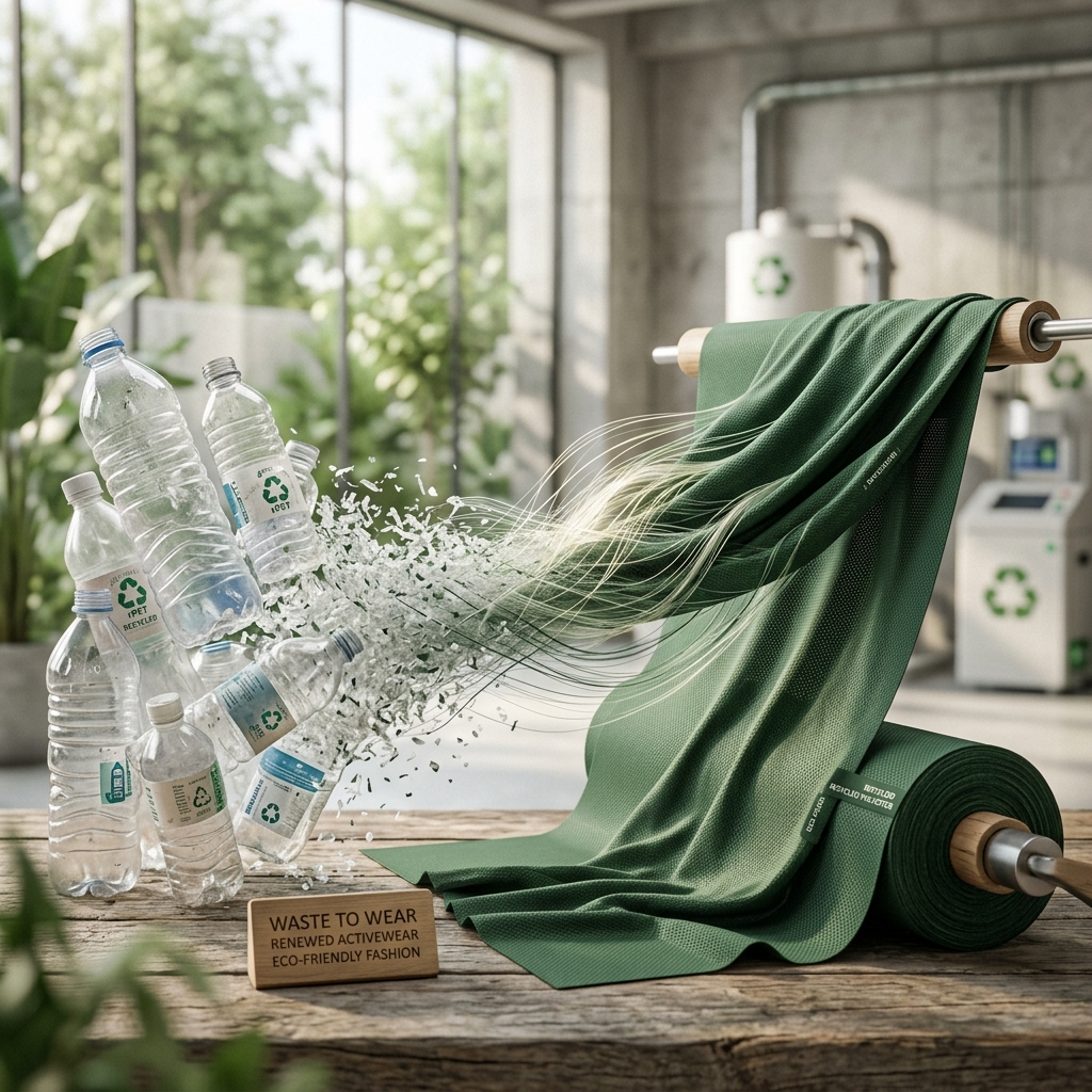A conceptual rendering of recycled plastic transforming into premium textiles
