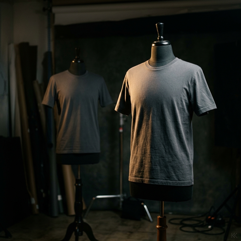 Two identical unbranded tees on two matte dress forms in a dim studio — the front form sharply lit by a single warm key light, the second standing behind in soft shadow, two stops darker and gently out of focus, conveying a ready backup. No faces, no logos.
