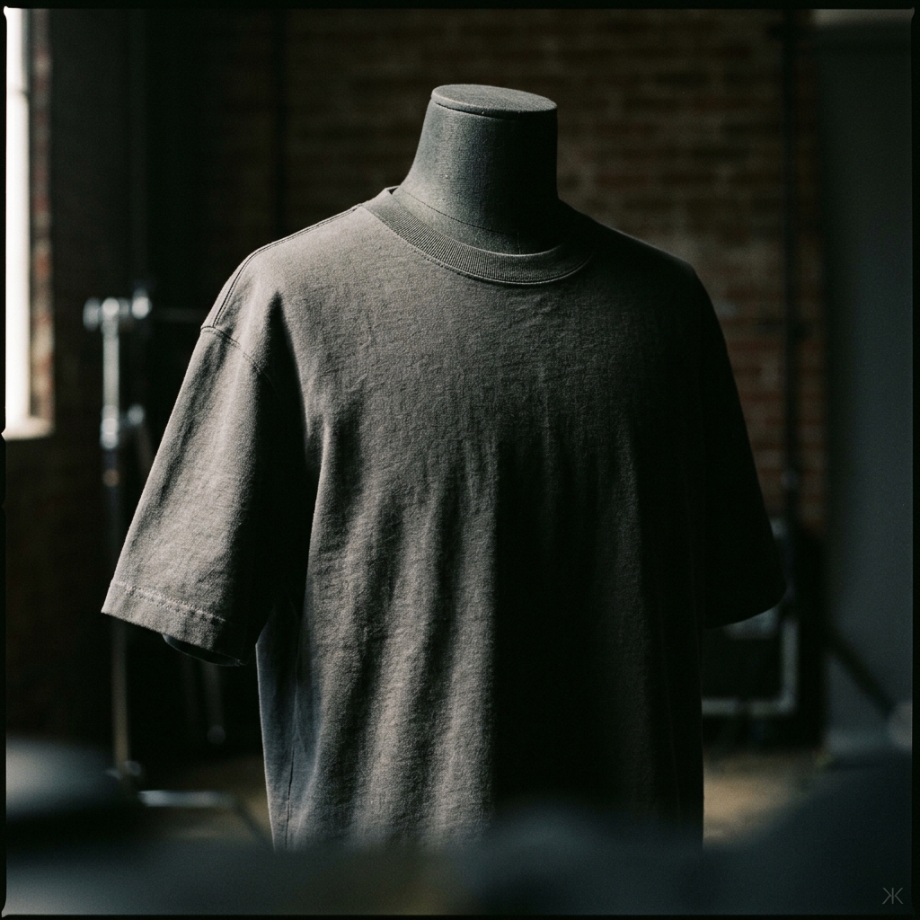 A single unbranded heavyweight cotton crew tee on a matte grey dress form, one hard directional side light raking across the shoulder seam, deep falloff into shadow. No tags, no logos, no text.