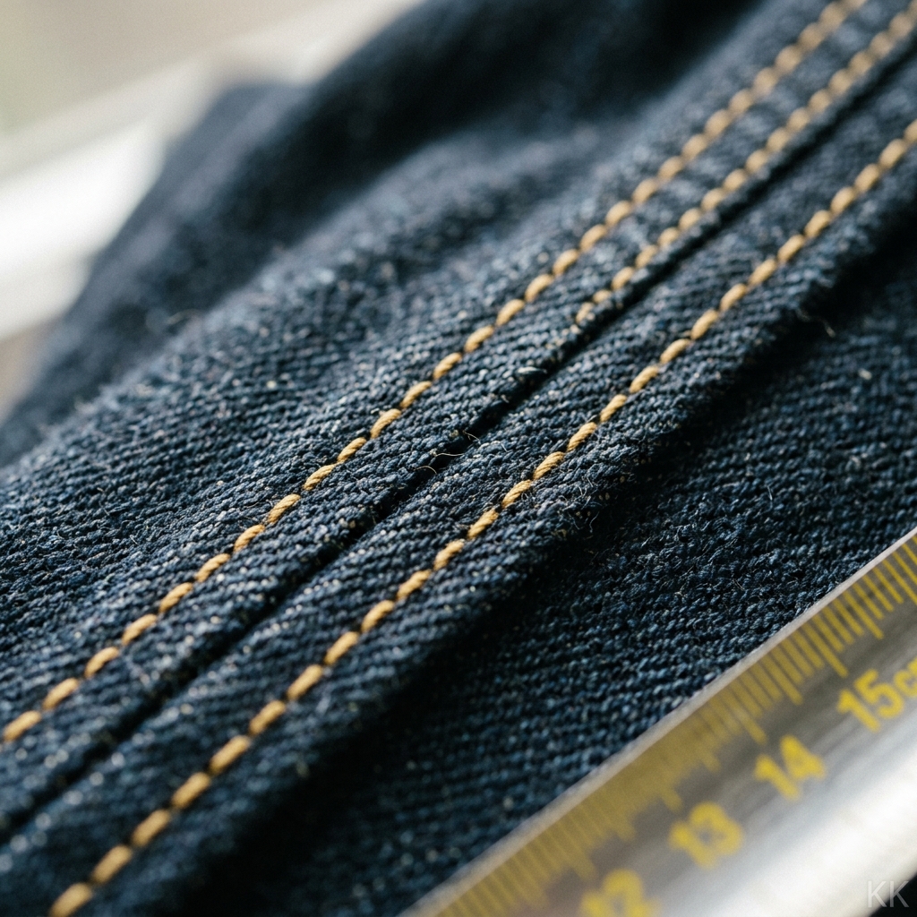 An extreme macro close-up of a crisp double-needle seam on unbranded heavyweight cotton, individual stitches and weave texture razor-sharp, the rest falling into shallow bokeh, a blurred metal measuring-tape edge intruding at the frame edge, soft grazing window sidelight. No logos, no paper tags.