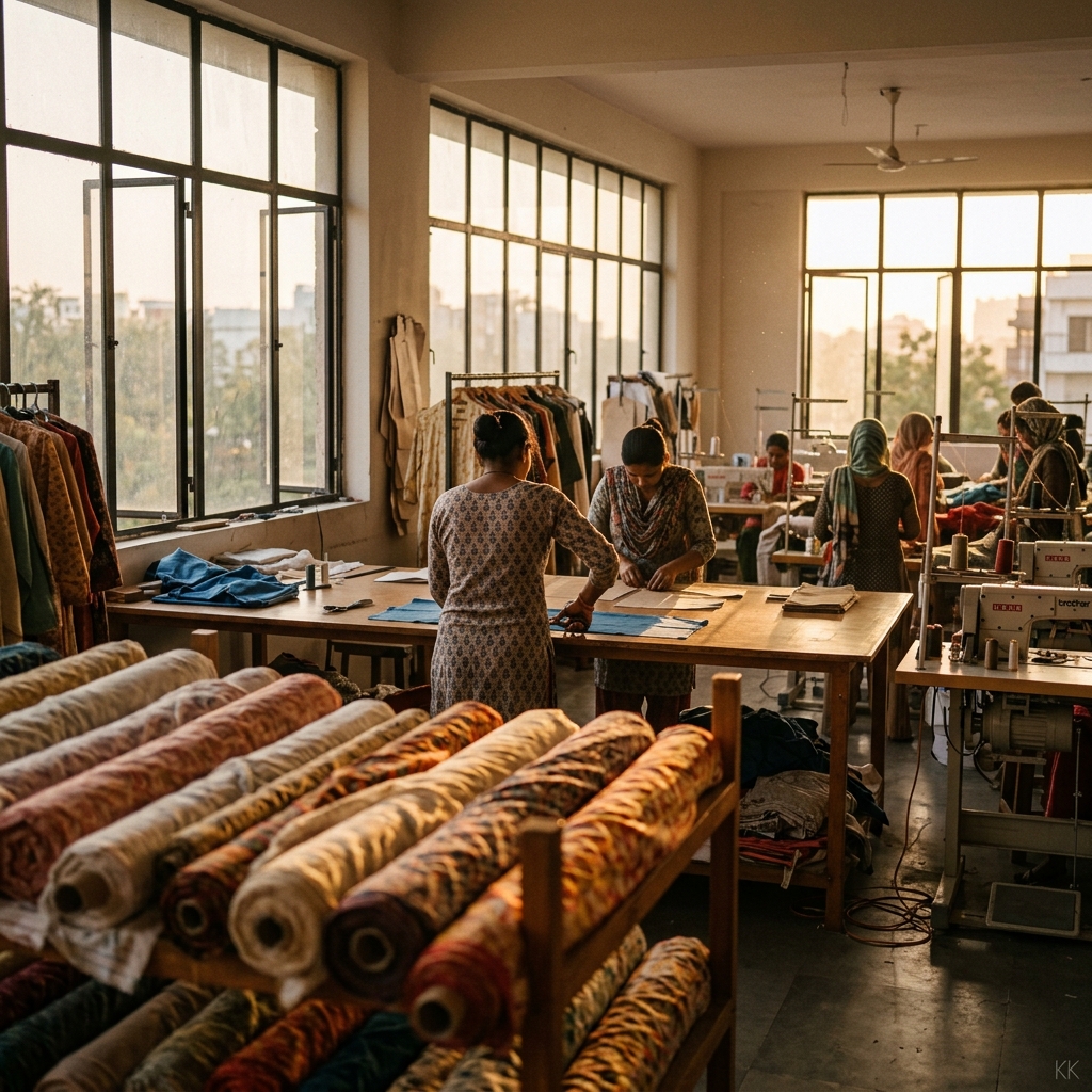 A wide documentary shot of a bright modern Indian garment sampling floor at golden hour, low raking sunlight through tall windows, layered depth from soft fabric rolls in the foreground to a sharp cutting table, workers seen only as backs and hands. No logos, no faces.