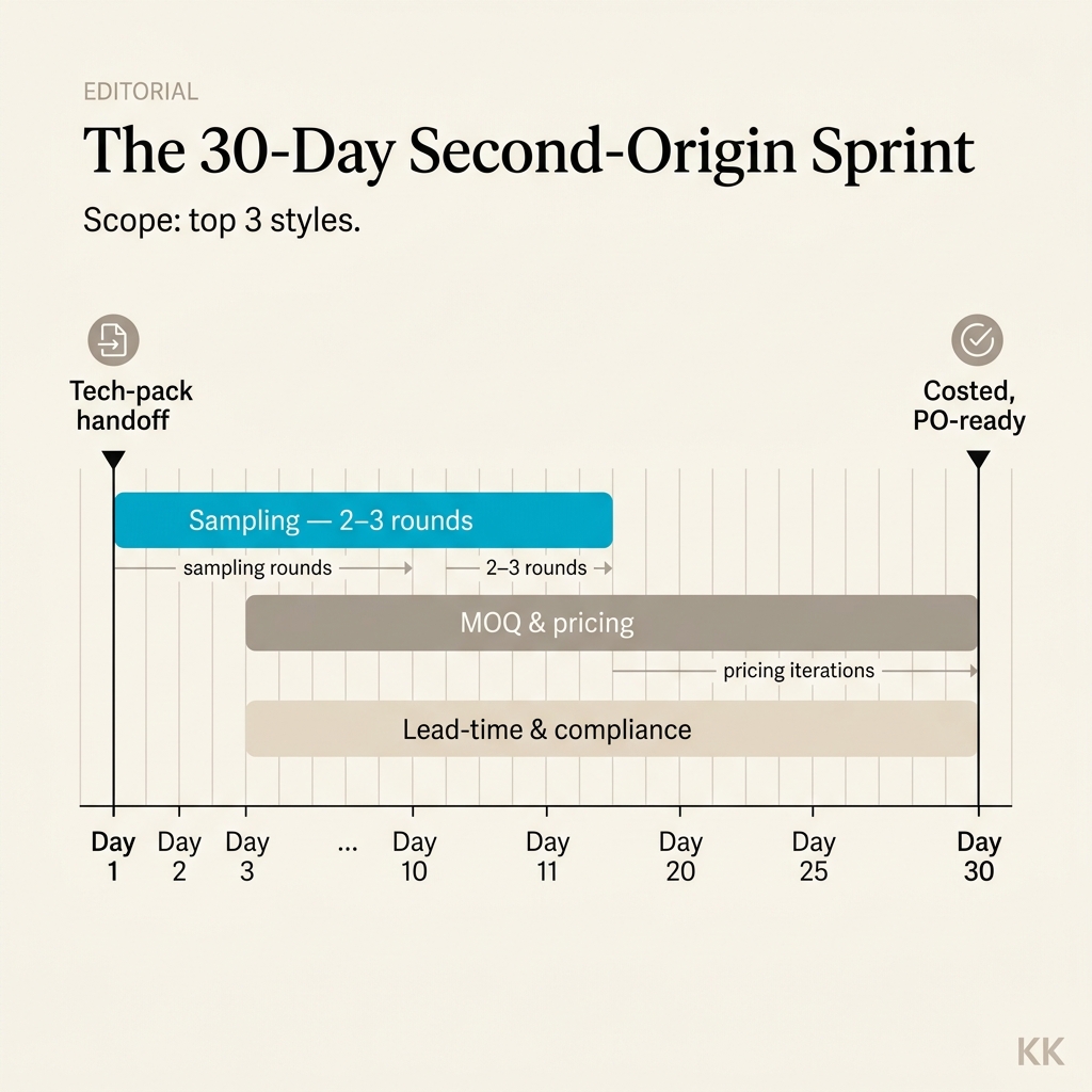 A clean editorial infographic titled 'The 30-Day Second-Origin Sprint,' scope top 3 styles, showing three parallel horizontal tracks over a Day 1 to Day 30 axis — Sampling (2 to 3 rounds), MOQ and pricing, and Lead-time and compliance — with Day 1 marked 'Tech-pack handoff' and Day 30 marked 'Costed, PO-ready.' Warm neutral palette, one accent color, flat vector data-viz.