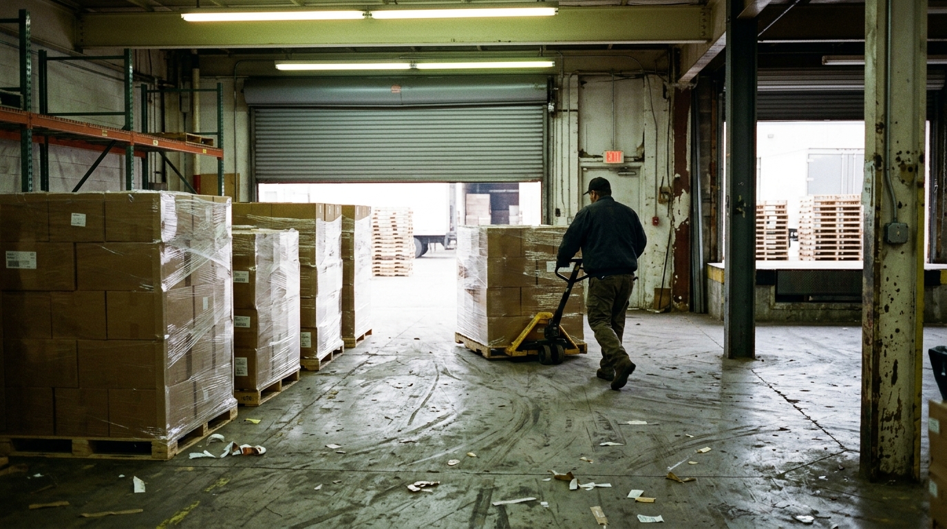 A third-party warehouse receiving bay mid-afternoon — shrink-wrapped pallets of plain cartons staged in a row, a worker's back in the middle distance pushing a pallet jack, a half-raised roller door letting flat daylight in against cold overhead fluorescents, scuffed floor paint and stray tape on the concrete. No faces, no logos, markings unreadable.