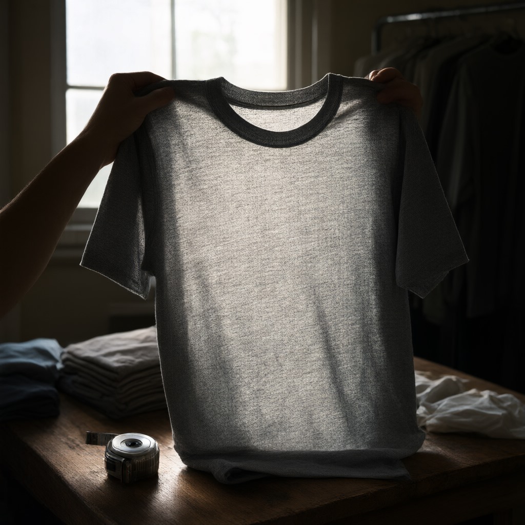 A single unbranded cotton crew tee held up by two hands against soft window light in a sample room, the jersey backlit just enough to show the knit and the shoulder seam, an open export carton of folded tees blurred behind. No face, no tags, no printing, no logos.