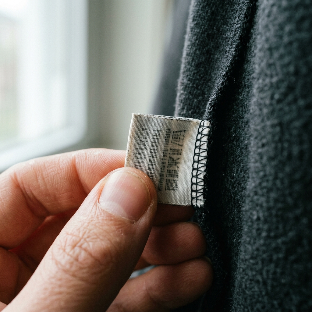 Extreme macro of a thumb and forefinger lifting a small woven country-of-origin label out of a garment's inside side seam, the label's woven edge and the overlock stitching razor sharp, the printed face angled away from the camera. Soft diffused window light. No legible lettering or numbers, no logos.