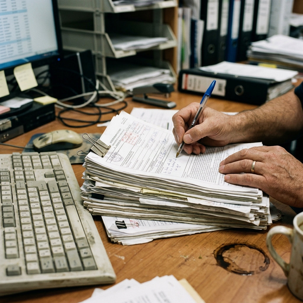 Two hands working through a thick clipped stack of customs entry paperwork on a cluttered import desk, a ballpoint held mid-annotation, a scuffed keyboard and a dried coffee ring at the edge of frame. Ordinary overhead office light, unstyled. No face, no logos, all print soft and unreadable.