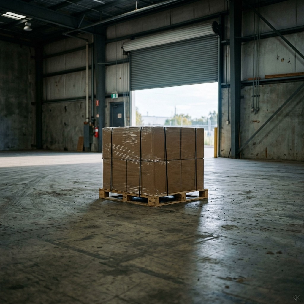 A low documentary-wide view of one strapped pallet of sealed unbranded cartons standing in a quiet warehouse bay, a roller door half open to cool morning light, bare concrete floor and long shadows. No people, no logos, no readable text.