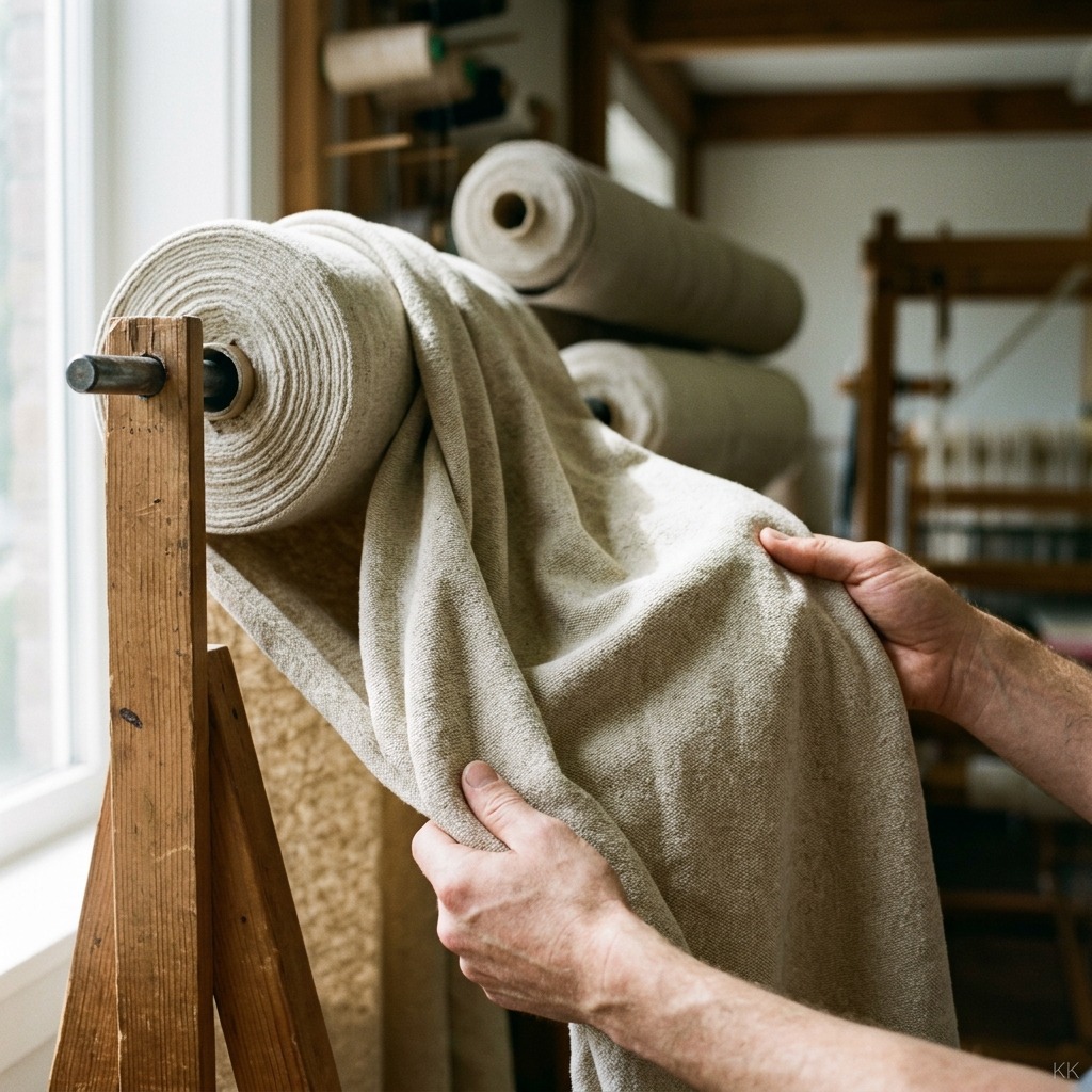 Two hands pulling a length of undyed natural cloth off a standing fabric roll and holding it up to window light so the weave, weight and drape read clearly, more rolls stacked out of focus behind. Hands only, cropped at the wrist. No logos, no readable text.