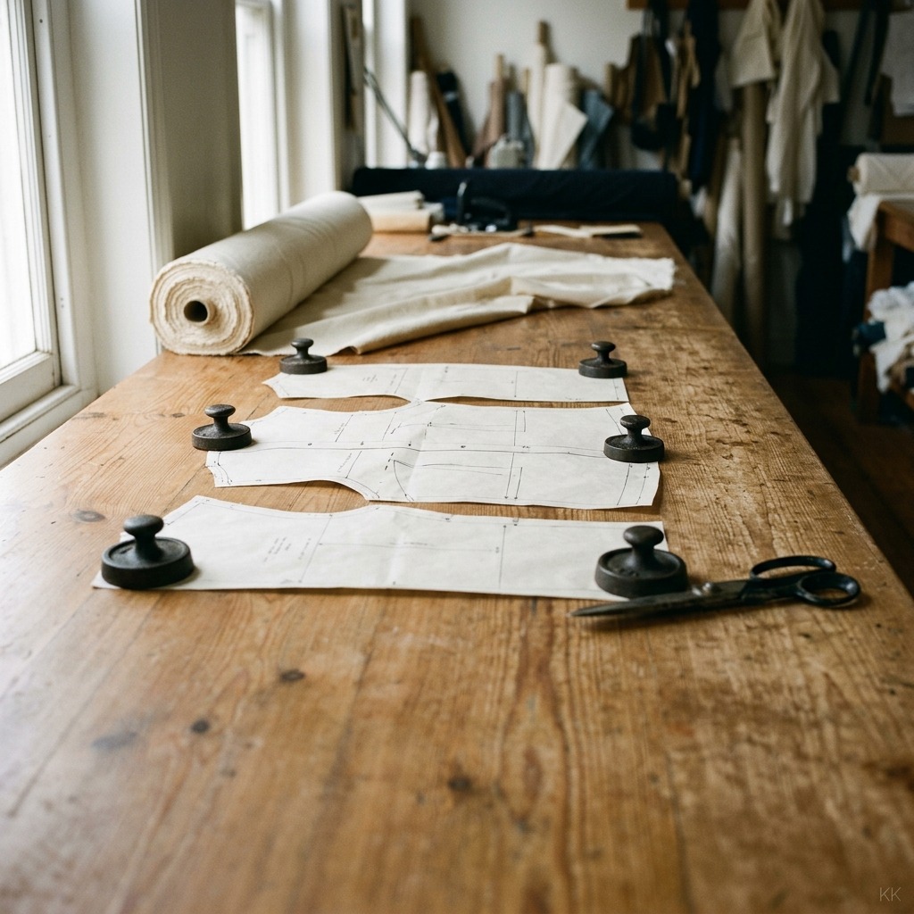 A long cutting table shot from a low three-quarter angle: a full paper pattern laid flat with weights holding the corners, a bolt of cotton part-unrolled at the far end, tailor's shears resting off to one side, tall window light raking across the surface. No people, no logos, no readable text.