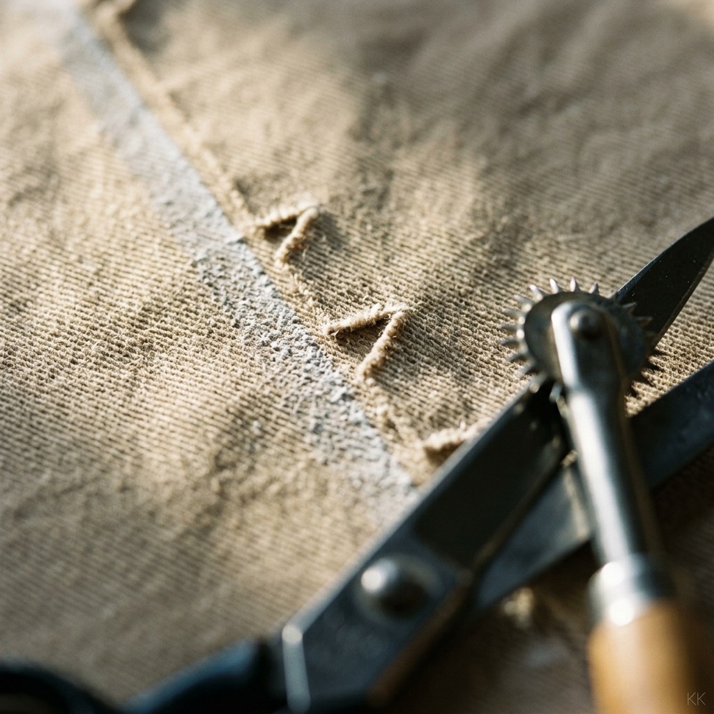 Extreme macro of a tailor's chalk line and a row of pattern notches marked on cotton cloth, the steel edge of shears and a tracing wheel entering the frame out of focus in the foreground, raking side light, very shallow depth of field. No logos, no readable text.
