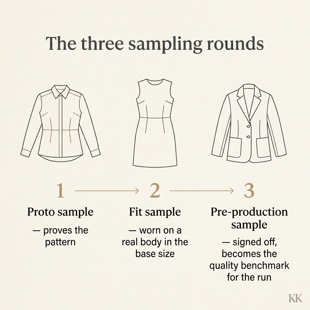 A clean branded infographic titled 'The three sampling rounds' showing three numbered stages left to right with a generic garment outline above each: 1 Proto sample — proves the pattern; 2 Fit sample — worn on a real body in the base size; 3 Pre-production sample — signed off, becomes the quality benchmark for the whole run. Flat editorial line-art on off-white, no photographic elements.