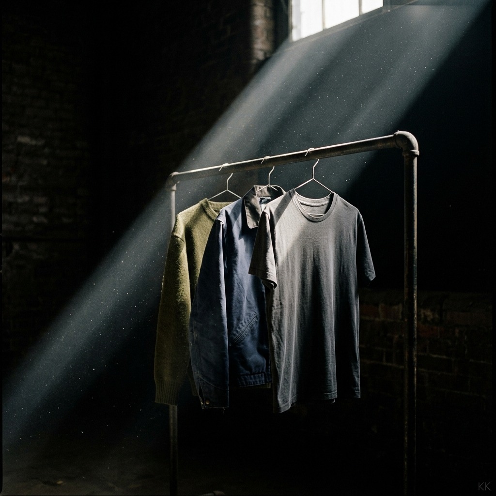 One hard shaft of light cutting diagonally across a nearly empty clothing rail holding just three unbranded garments, everything else falling into deep shadow, dust visible in the beam. Moody and conceptual. No people, no logos, no readable text.