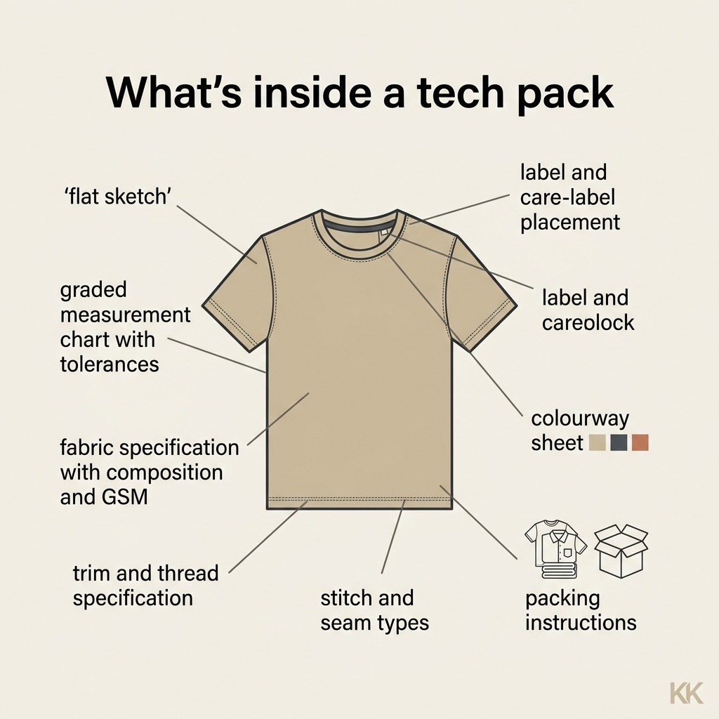 A clean branded infographic titled 'What's inside a tech pack' showing a generic flat sketch of a t-shirt at the centre with eight labelled callout lines pointing outward: flat sketch, graded measurement chart with tolerances, fabric specification with composition and GSM, trim and thread specification, stitch and seam types, label and care-label placement, colourway sheet, and packing instructions. Flat editorial line-art on off-white, no photographic elements.