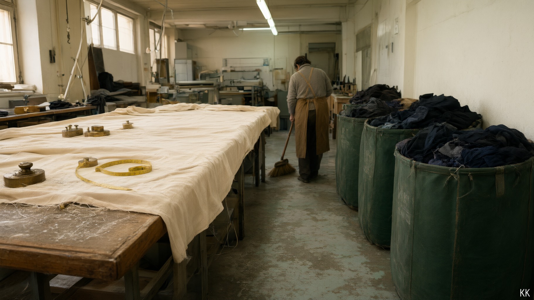 Green fashion supply chain: a cutting-room floor at the end of a shift, a long table with a laid fabric spread and neatly bagged offcuts sorted into labelled bins beside it, a worker's back sweeping the aisle, late daylight through high windows against overhead strip lights.