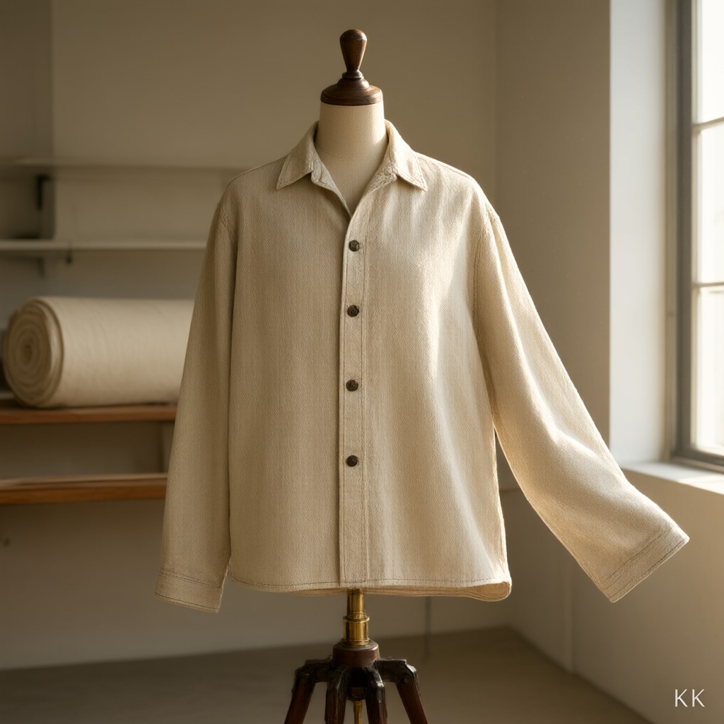 Sustainable fashion production: a single unbranded undyed cotton overshirt hanging on a wooden stand form against soft window light in a sample room, the weave and topstitching lit from behind, a bolt of natural cloth out of focus beyond it.