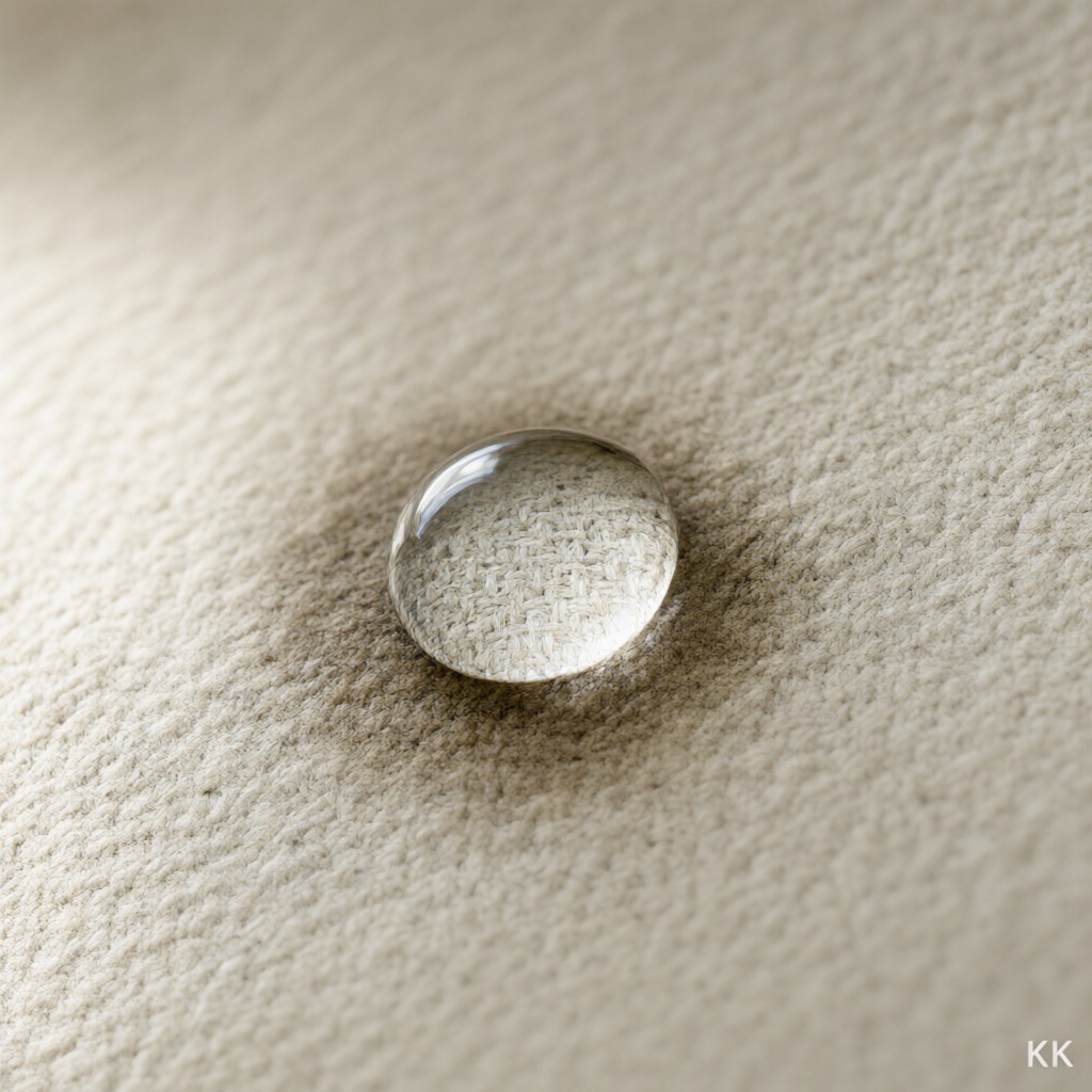 Low-impact garment production detail: extreme macro of a single water droplet beading on a tightly woven cotton canvas, individual warp and weft yarns and a faint halo of dampness sharp in a shallow band of focus under diffused window light.