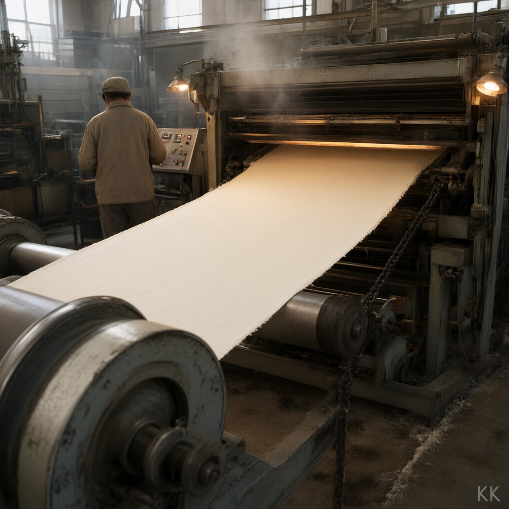 Sustainable fashion production: a wide width of pale cloth running over steel rollers into a heated stenter frame inside a textile finishing mill, faint steam catching mixed daylight and machine lamps, a worker's back at the control panel beyond.