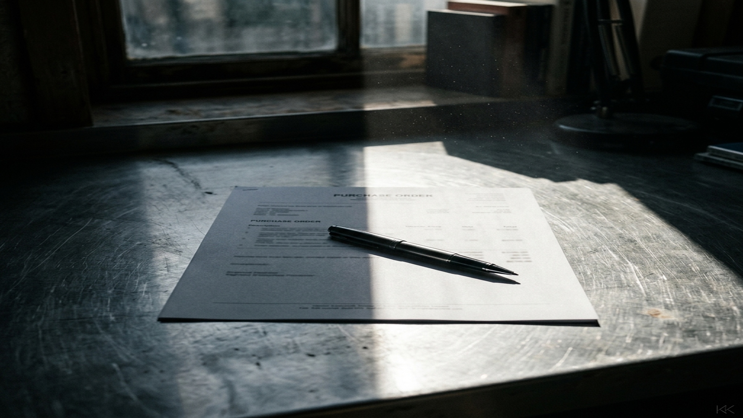 A single unsigned printed purchase order on a brushed-steel desk, a pen laid diagonally across it, one hard shaft of window light splitting the frame so half the page is bright and half falls into deep shadow — a decision suspended. No faces, no readable text.