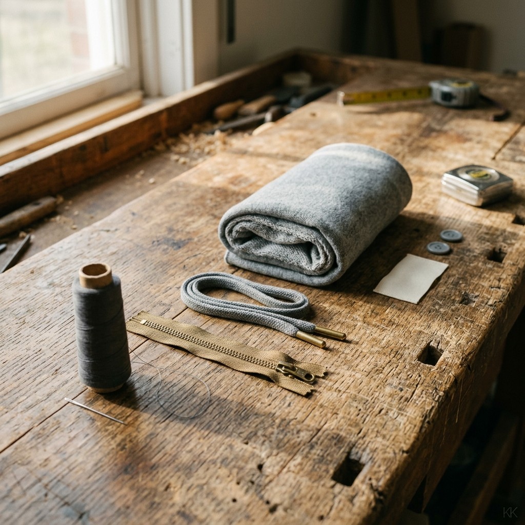 A bill of materials for one garment: a spool of thread, a brass zipper, a drawcord with metal tips, two buttons, a blank label and a roll of grey fleece laid out on a workbench.