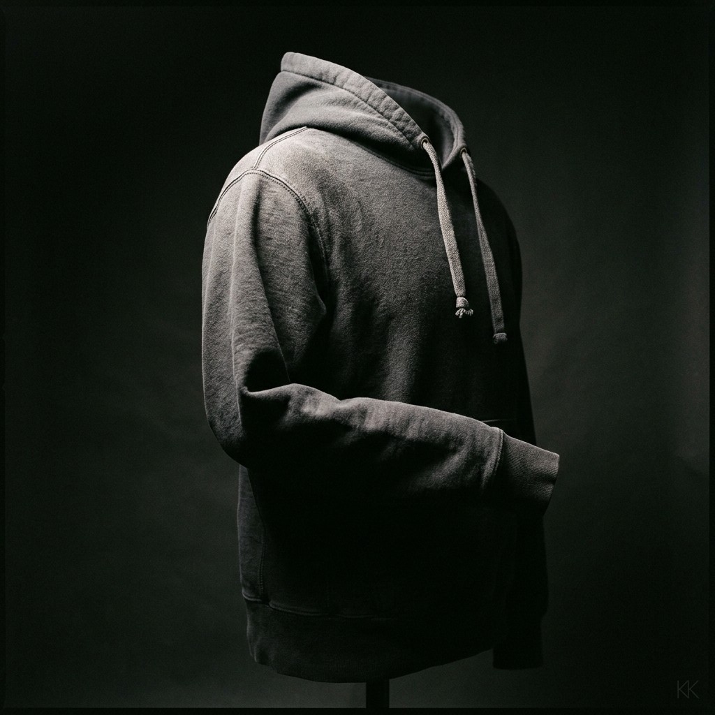 The garment a tech pack for clothing produces: an unbranded heavyweight hoodie on an invisible form, shoulder seam, drawcord and cuff rib lit hard from the right.