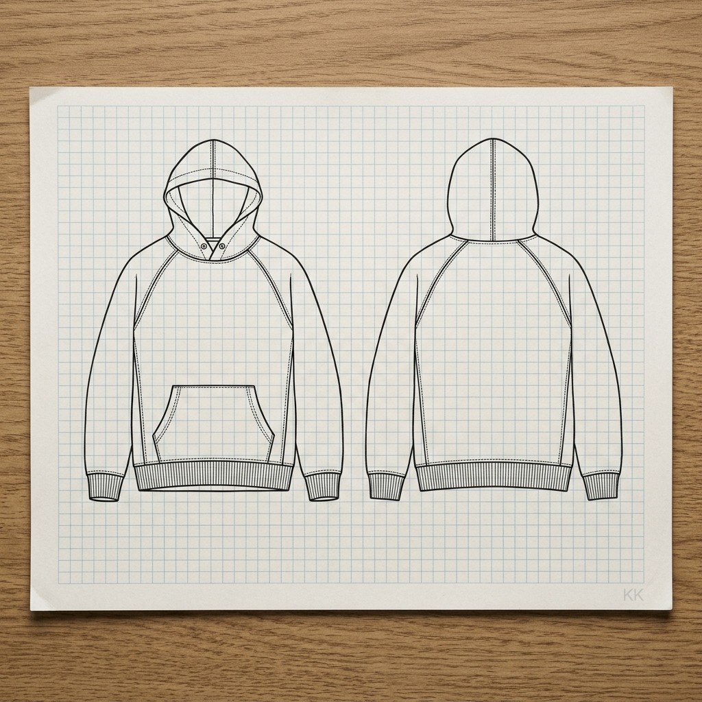 A technical flat, or CAD: a precise black line drawing of a hoodie front and back on gridded paper, showing seams, topstitching, pocket and hood construction, drawn straight on with no body in it.