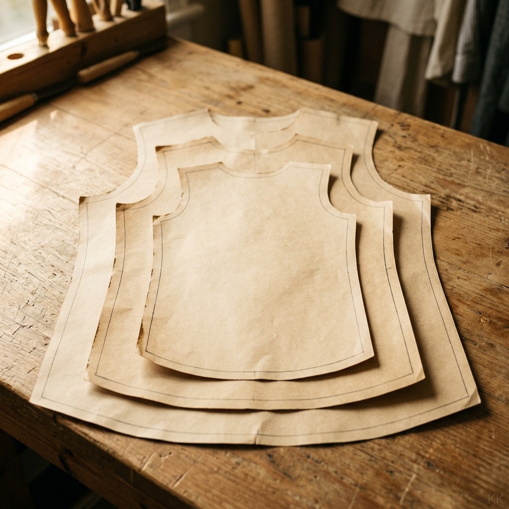 Grading a size run: three nested paper patterns of the same garment front in small, medium and large, stacked and offset so the growth between sizes is visible.