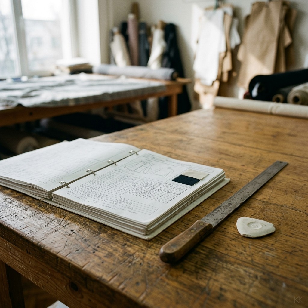 A printed fashion tech pack open on a workroom table beside a steel rule and tailor's chalk, cutting table and fabric rolls behind it in morning light.