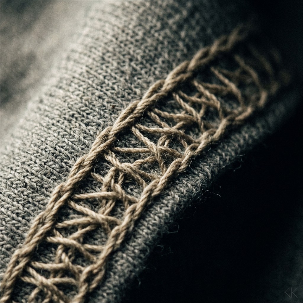 What a tech pack's construction page specifies: macro of a flatlock seam in contrasting tan thread on grey cotton jersey, both needle rows and the interlooping visible.