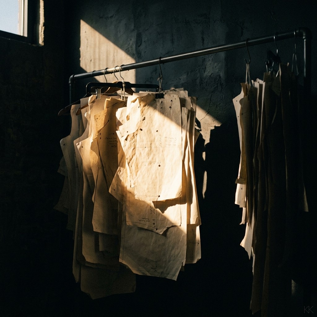 Paper garment pattern pieces on a studio rail under one hard shaft of light — the physical output of a fashion tech pack's flats and grading rules.