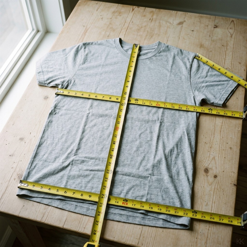 Points of measure on a garment: four tape measures laid across an unbranded tee at chest width, body length, sleeve length and hem opening at once.