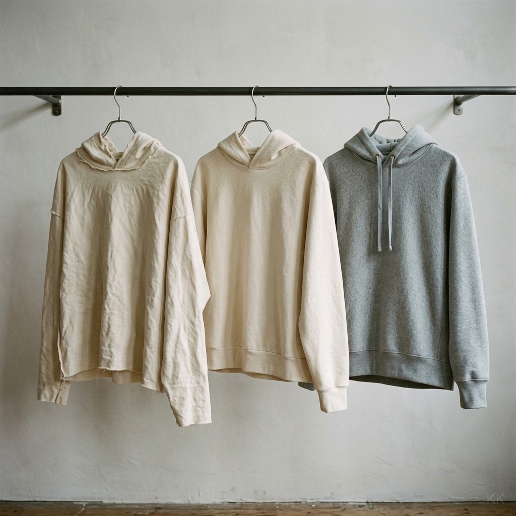 Three sample rounds of the same unbranded hoodie hanging side by side on a rail, the proto in the wrong fabric, the fit sample corrected, and the pre-production sample in the final cloth.