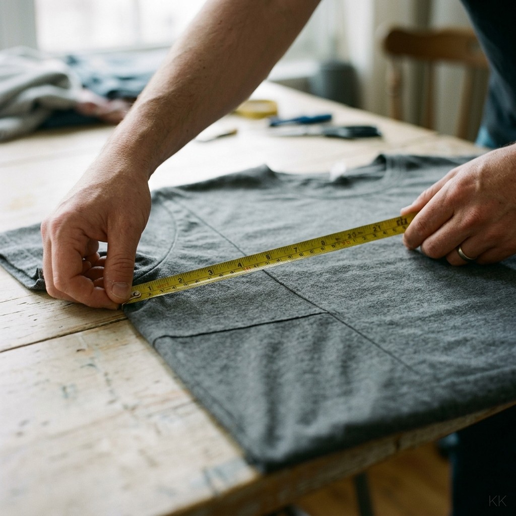 Taking a point of measure for a clothing tech pack: hands drawing a tape measure across the chest of an unbranded grey cotton tee laid flat on a studio table.